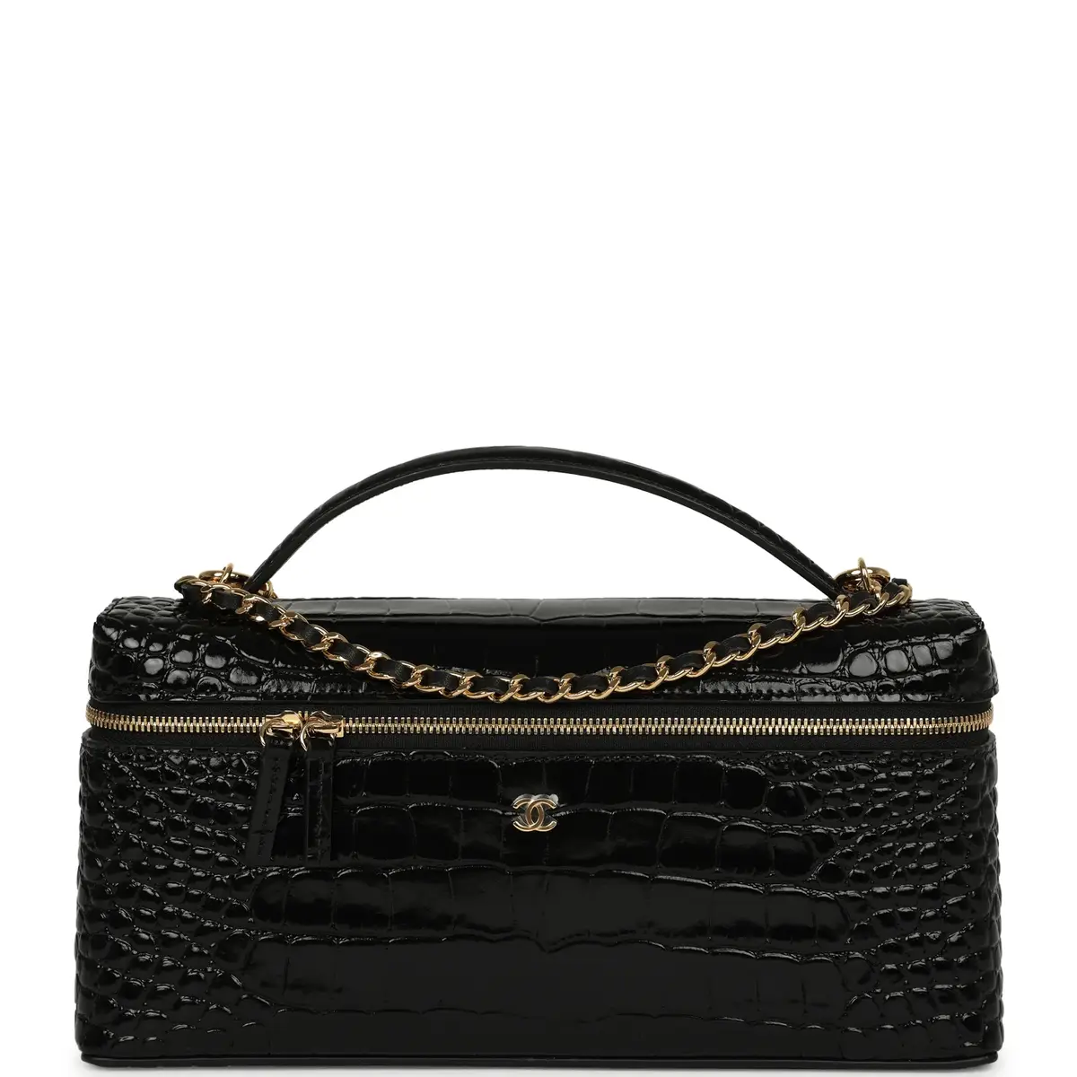 Chanel Large East West Top Handle Long Vanity Case with Chain Black Embossed Croc Calfskin Gold Hardware Chanel Large East West Top Handle Long Vanity Case with Chain Black Embossed Croc Calfskin Gold Hardware