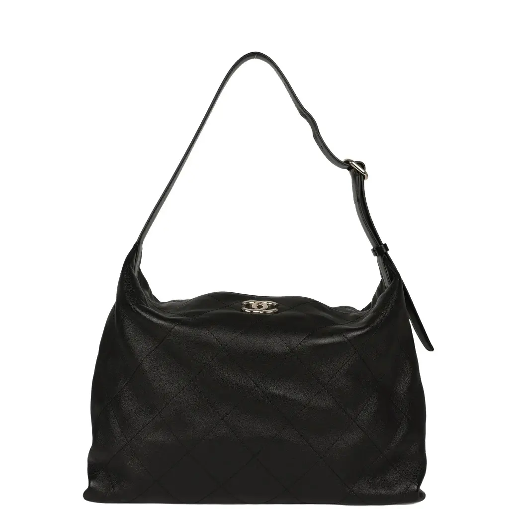 Chanel Chanel Maxi "Slouchy Mood" Hobo Shoulder Bag Black Shiny Calfskin Light Gold Hardware
