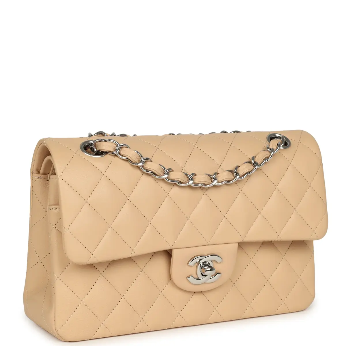 Chanel Chanel Small Classic Double Flap Beige Lambskin Silver Hardware | Thumbnail 2 Chanel Chanel Small Classic Double Flap Beige Lambskin Silver Hardware | Thumbnail 2