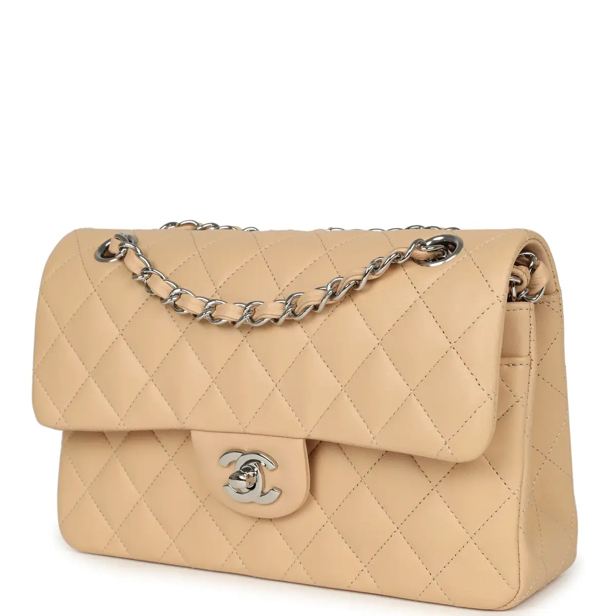 Chanel Chanel Small Classic Double Flap Beige Lambskin Silver Hardware | Thumbnail 5 Chanel Chanel Small Classic Double Flap Beige Lambskin Silver Hardware | Thumbnail 5