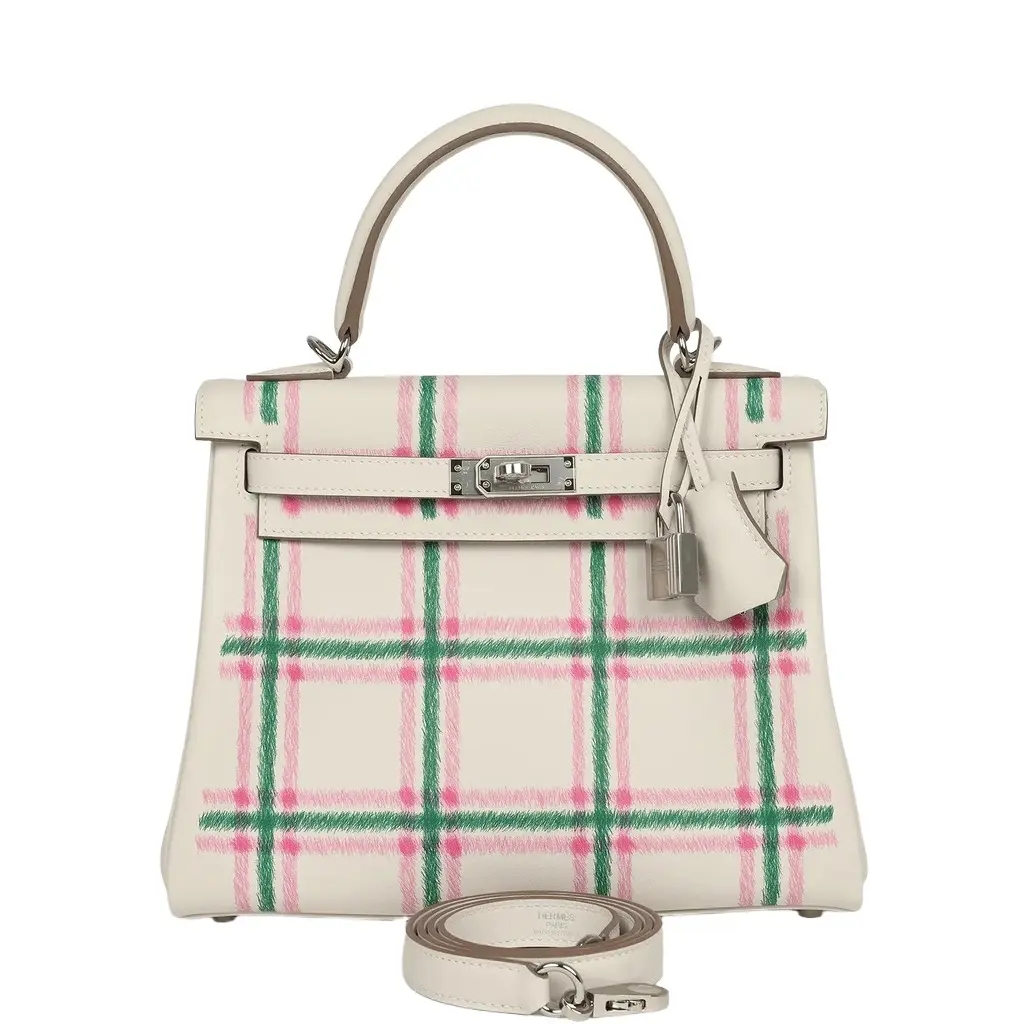HERMÈS Hermes Kelly Retourne 25 "Tartan Light" Gris Pale, Vert Moyen, Bubblegum Swift Palladium Hardware