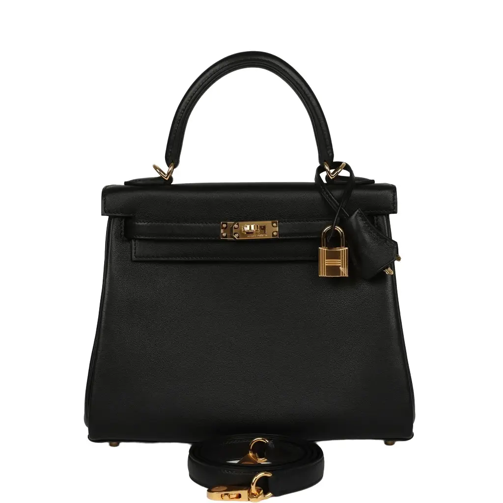 Hermes Kelly Retourne 25 Black Cheri Gold Hardware