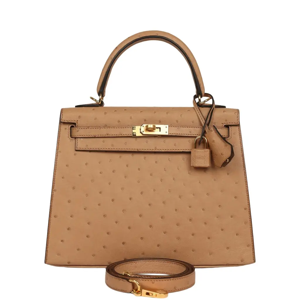 HERMÈS Hermes Kelly Sellier 25 Chai Ostrich Gold Hardware