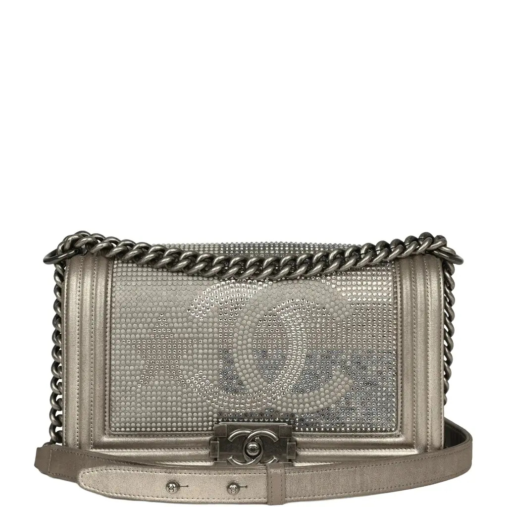Chanel Pre-owned Chanel "Paris-Dallas" Strass Medium Boy Bag Dark Khaki Iridescent Calfskin Aged Ruthenium Hardware