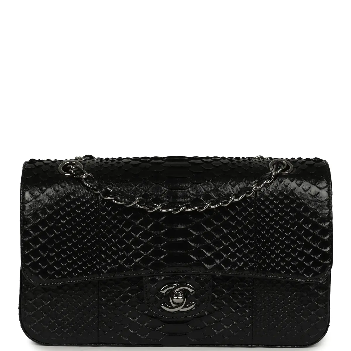 Pre-owned Chanel Medium Classic Double Flap Bag Black Python Silver Hardware Pre-owned Chanel Medium Classic Double Flap Bag Black Python Silver Hardware