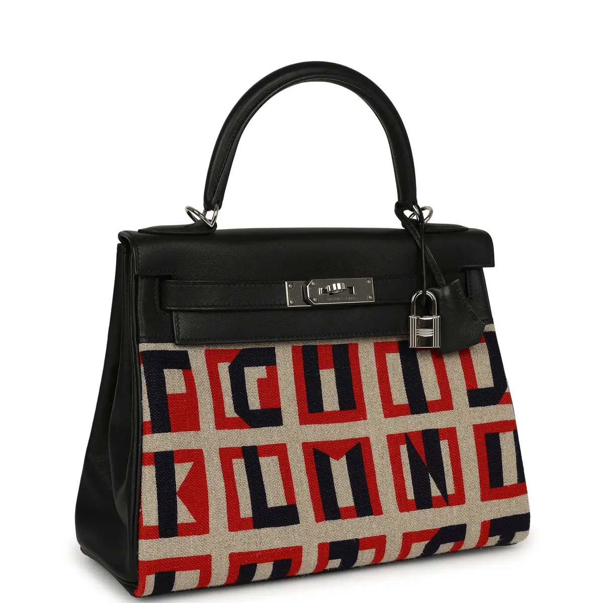 HERMÈS Pre-owned Hermes "Lettres Au Carre" Kelly Retourne 28 Black Swift and Ecru, Capucine, Bleu Indigo Toile De Camp Palladium Hardware | Thumbnail 2 HERMÈS Pre-owned Hermes "Lettres Au Carre" Kelly Retourne 28 Black Swift and Ecru, Capucine, Bleu Indigo Toile De Camp Palladium Hardware | Thumbnail 2
