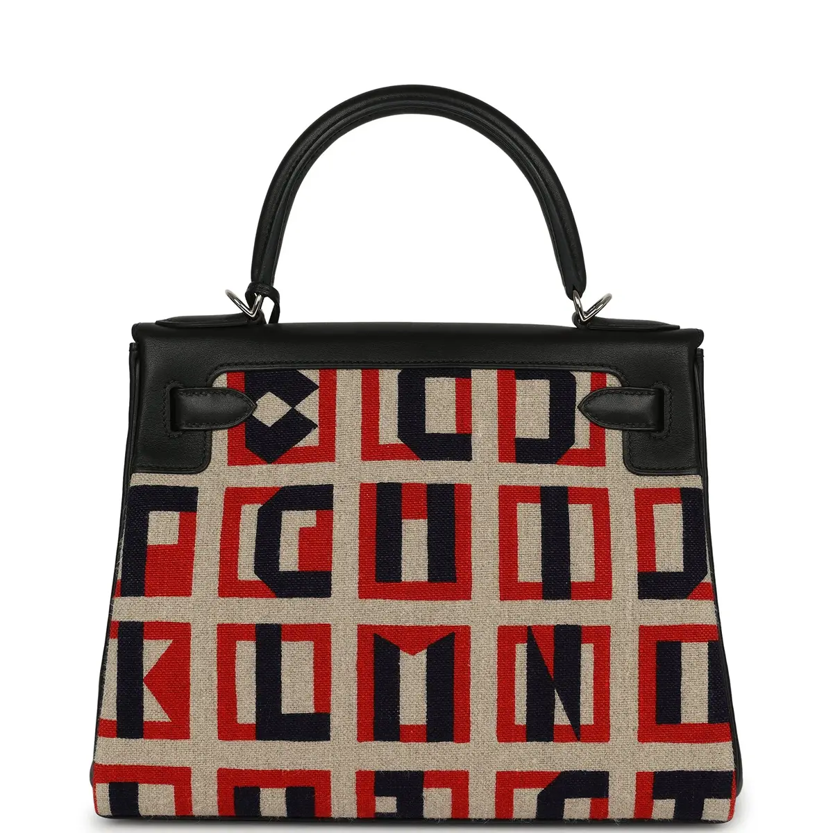 HERMÈS Pre-owned Hermes "Lettres Au Carre" Kelly Retourne 28 Black Swift and Ecru, Capucine, Bleu Indigo Toile De Camp Palladium Hardware | Thumbnail 4 HERMÈS Pre-owned Hermes "Lettres Au Carre" Kelly Retourne 28 Black Swift and Ecru, Capucine, Bleu Indigo Toile De Camp Palladium Hardware | Thumbnail 4