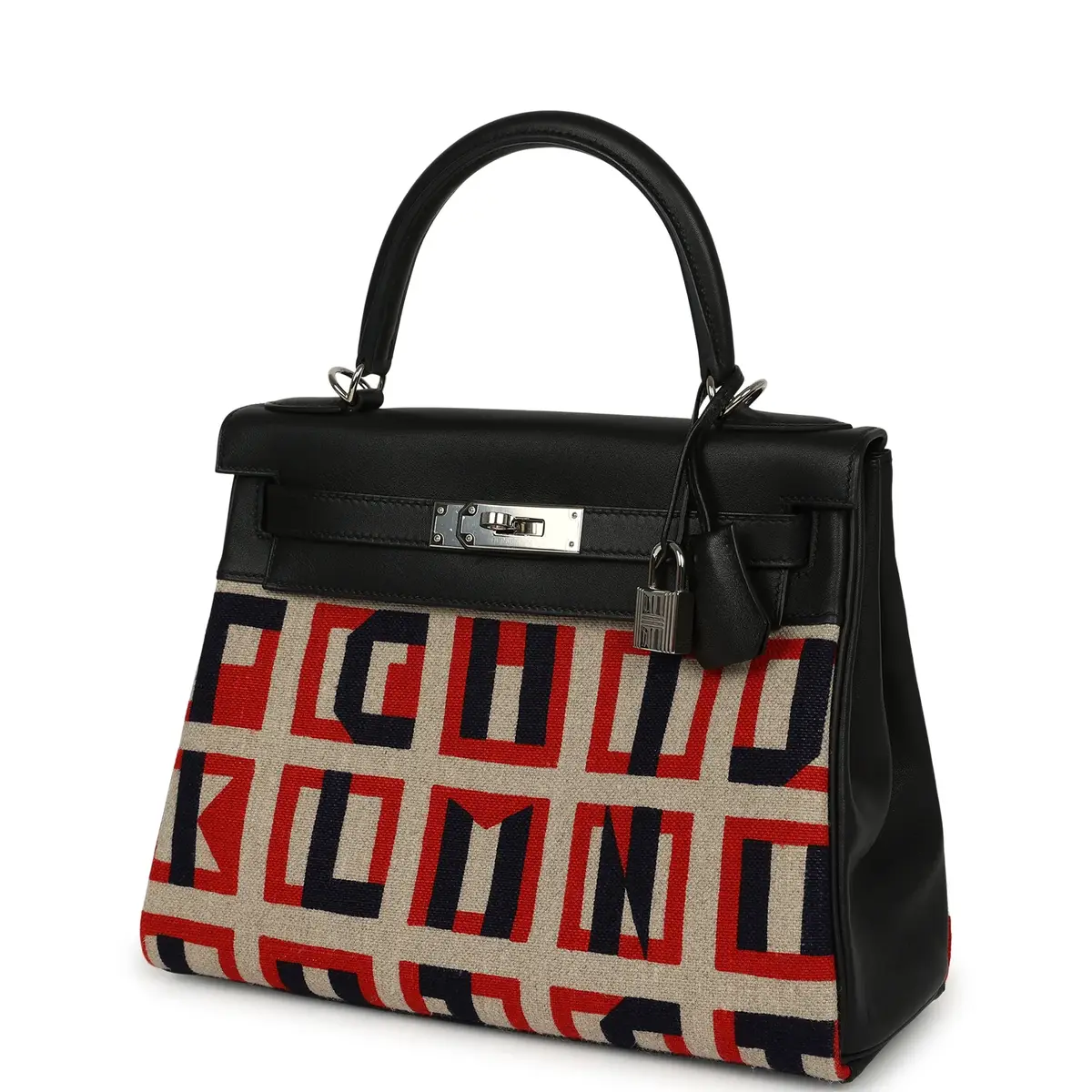 HERMÈS Pre-owned Hermes "Lettres Au Carre" Kelly Retourne 28 Black Swift and Ecru, Capucine, Bleu Indigo Toile De Camp Palladium Hardware | Thumbnail 5 HERMÈS Pre-owned Hermes "Lettres Au Carre" Kelly Retourne 28 Black Swift and Ecru, Capucine, Bleu Indigo Toile De Camp Palladium Hardware | Thumbnail 5