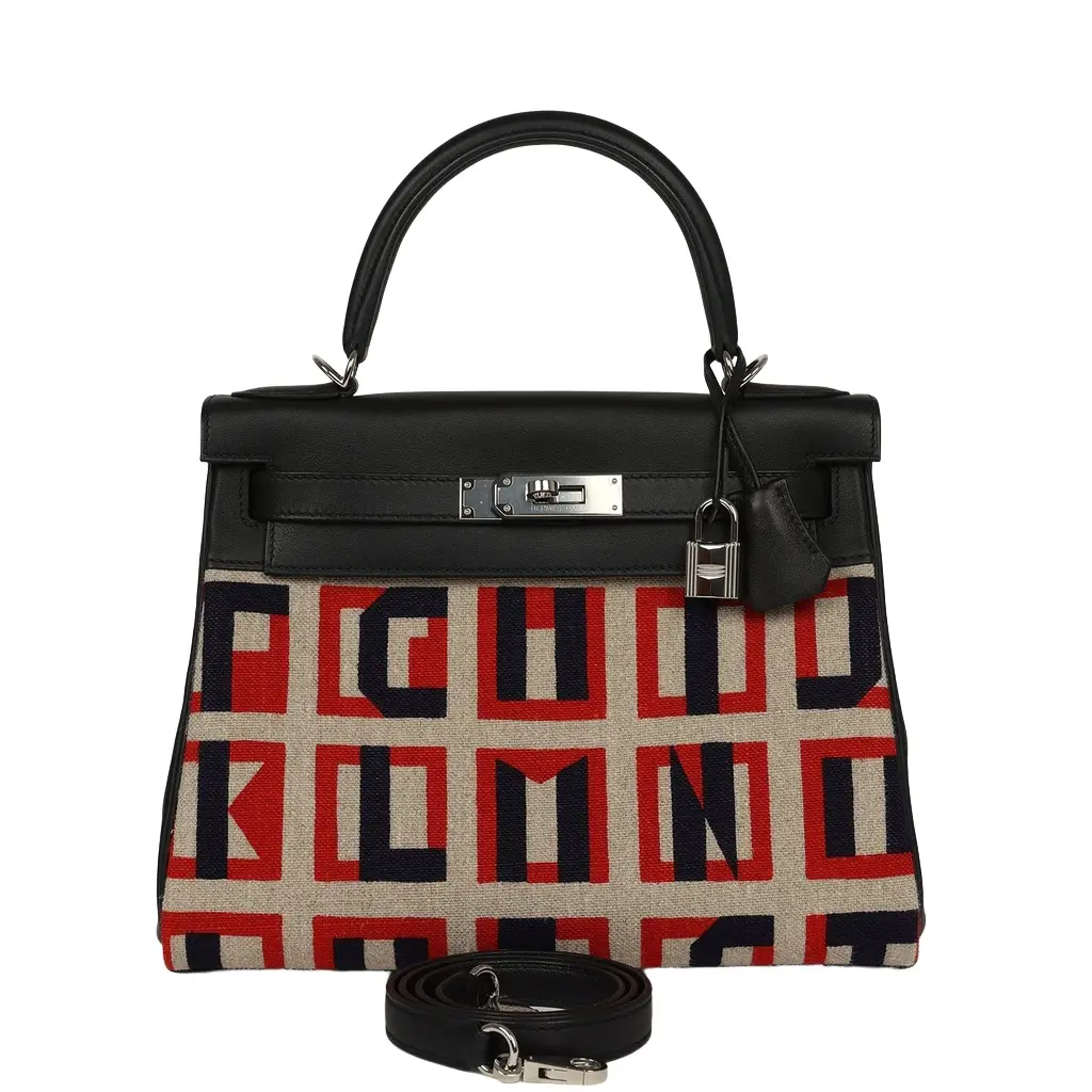 Pre-owned Hermes "Lettres Au Carre" Kelly Retourne 28 Black Swift and Ecru, Capucine, Bleu Indigo Toile De Camp Palladium Hardware Pre-owned Hermes "Lettres Au Carre" Kelly Retourne 28 Black Swift and Ecru, Capucine, Bleu Indigo Toile De Camp Palladium Hardware