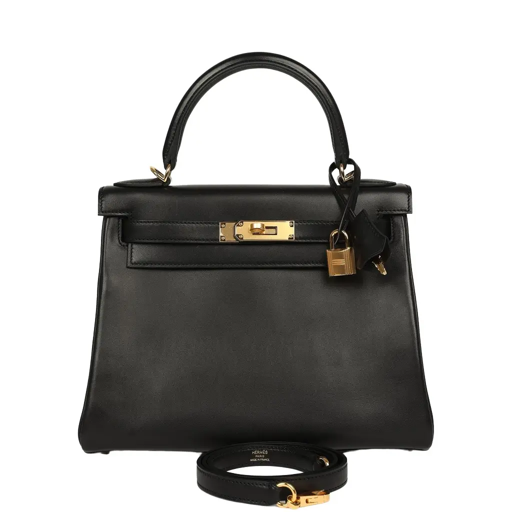 Pre-owned Hermes Kelly Retourne 28 Black Evercalf Gold Hardware