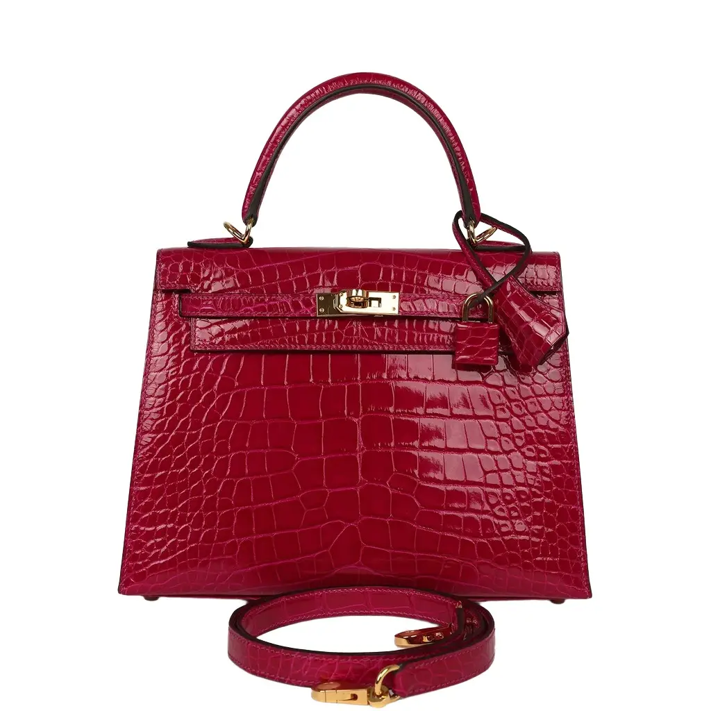 Pre-owned Hermes Kelly Sellier 25 Rose Pourpre Shiny Alligator Gold Hardware Pre-owned Hermes Kelly Sellier 25 Rose Pourpre Shiny Alligator Gold Hardware