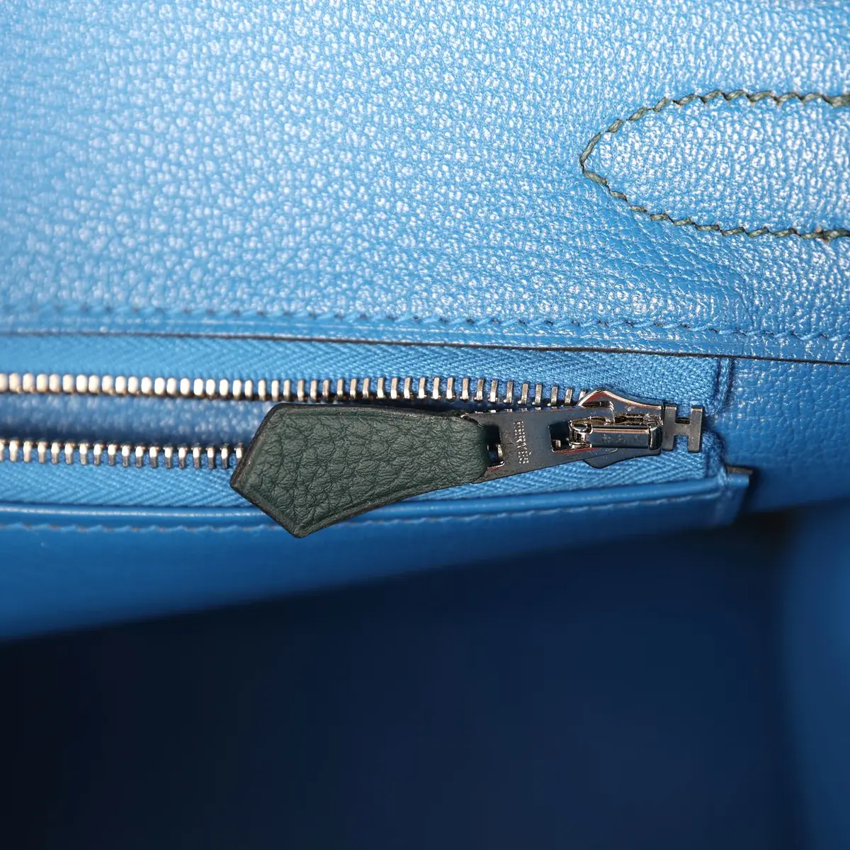 HERMÈS Pre-owned Hermes Officier Birkin 30 Vert Cypress, Bleu Zellige Togo Palladium Hardware | Thumbnail 9