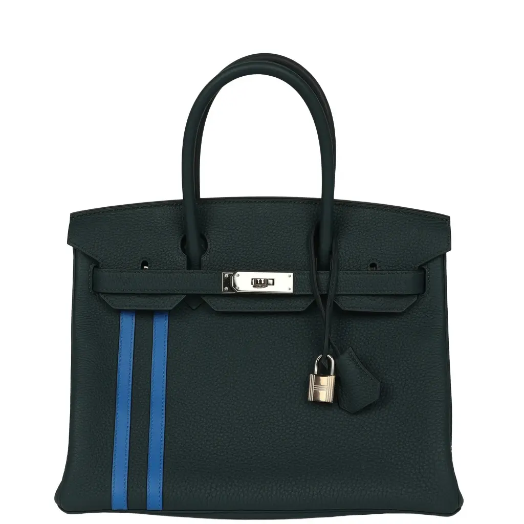 Pre-owned Hermes Officier Birkin 30 Vert Cypress, Bleu Zellige Togo Palladium Hardware
