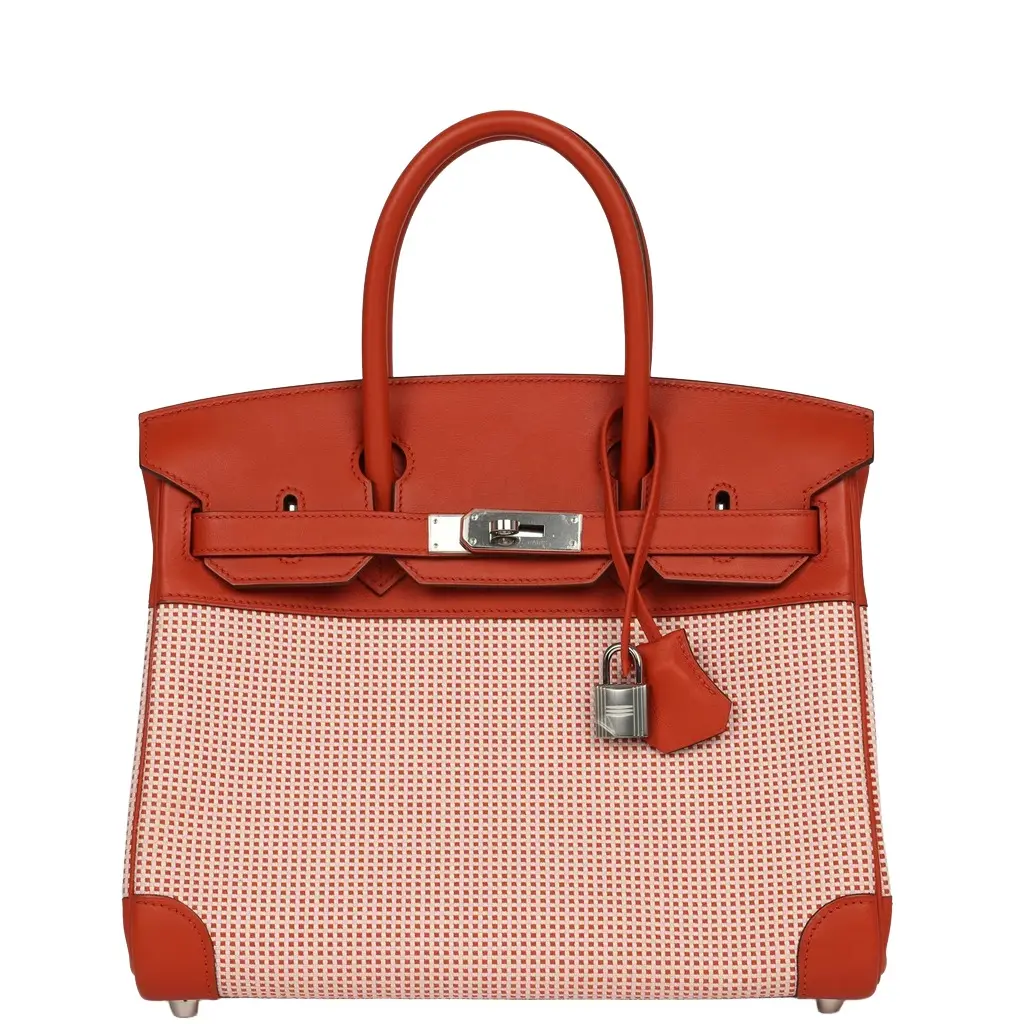 Pre-owned Hermes Quadrille Birkin 30 Terre Battue, Brique, Mauve Pale, Ecru Swift, Toile Palladium Hardware