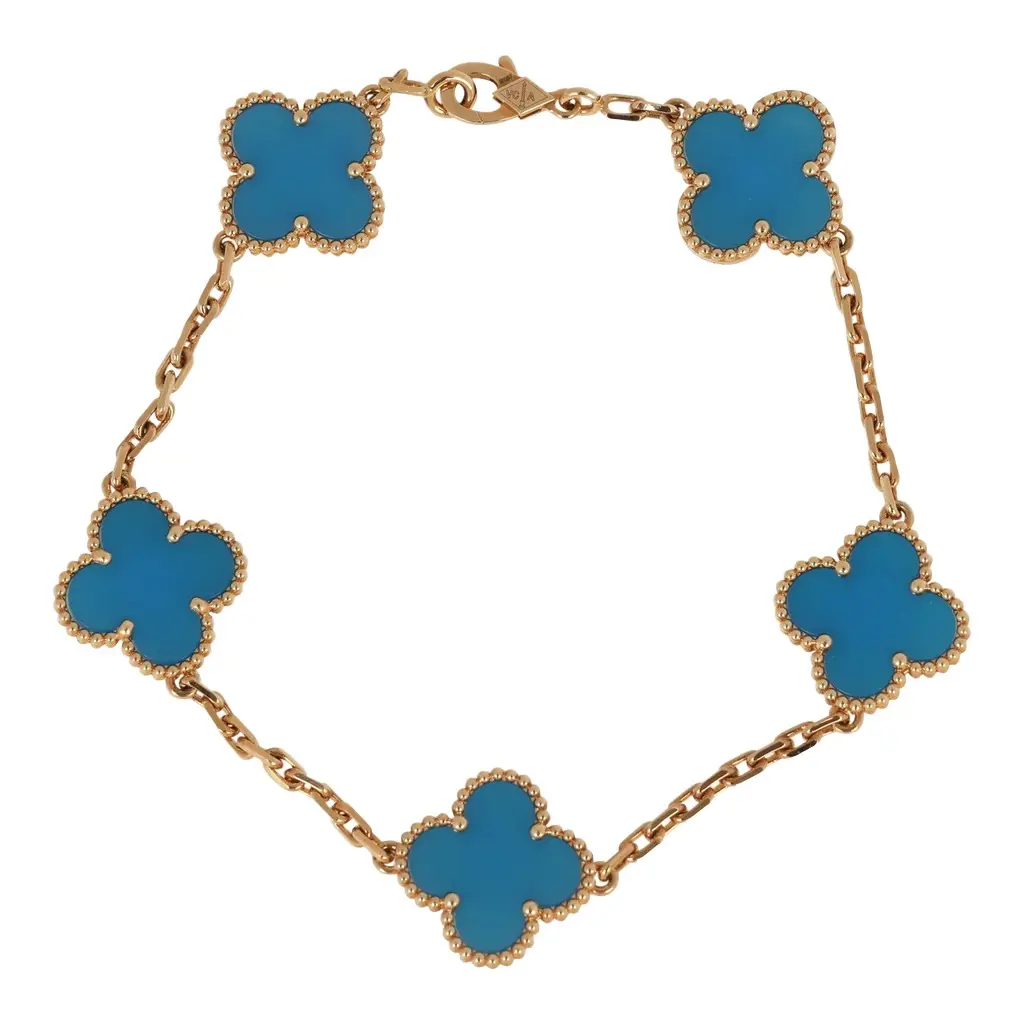 Pre-owned Van Cleef & Arpels Vintage Alhambra 5 Motif Bracelet Blue Agate 18K Yellow Gold