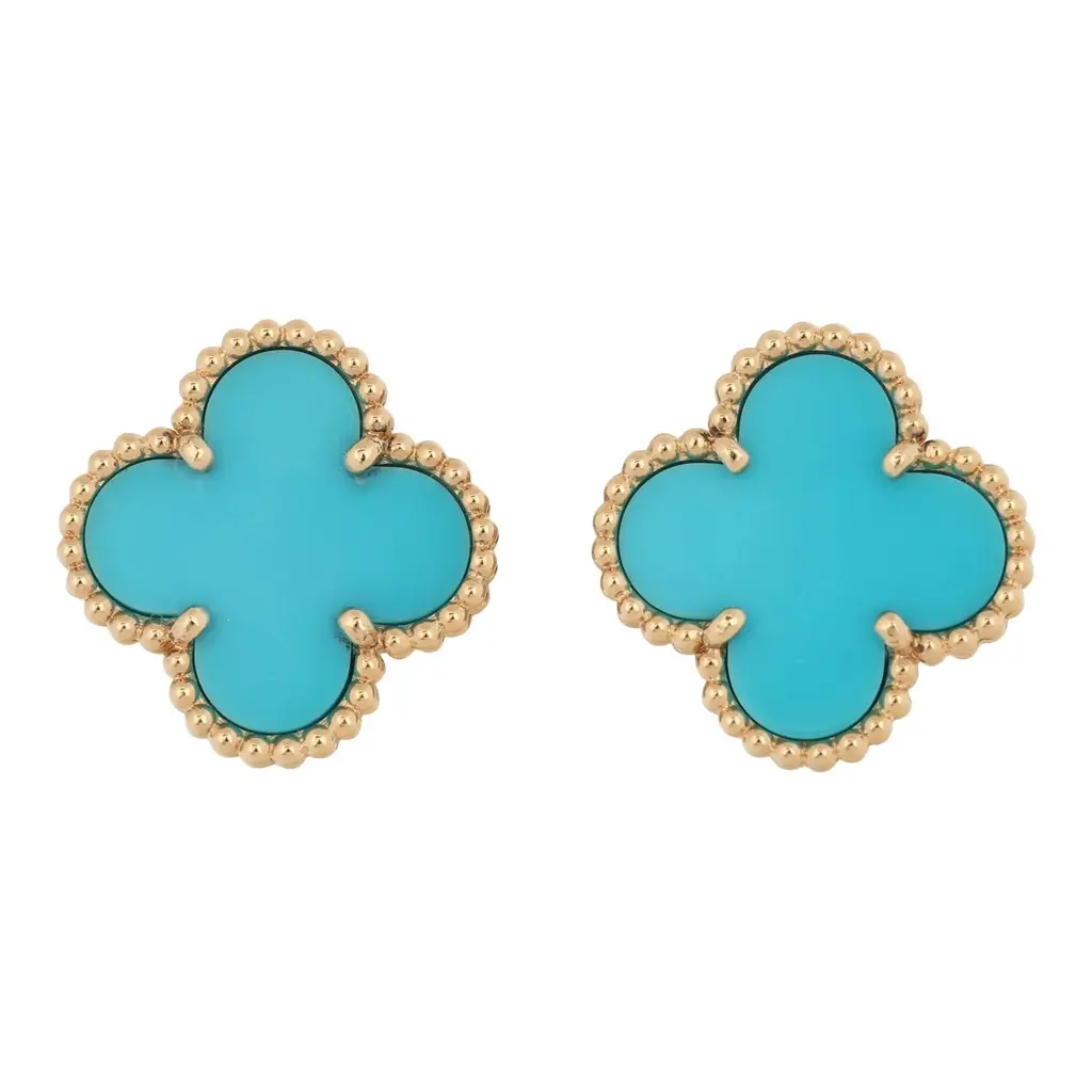 Pre-owned Van Cleef & Arpels Vintage Alhambra Motif Earrings Turquoise 18K Yellow Gold