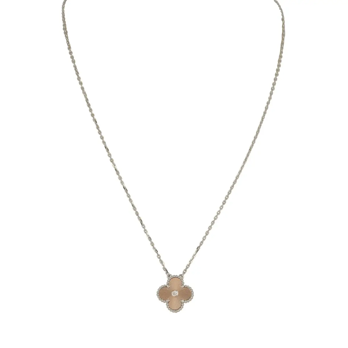 Van Cleef & Arpels 2024 Holiday Vintage Alhambra Pendant Necklace Rose Gold Guilloche 18K White Gold & Diamonds Van Cleef & Arpels 2024 Holiday Vintage Alhambra Pendant Necklace Rose Gold Guilloche 18K White Gold & Diamonds