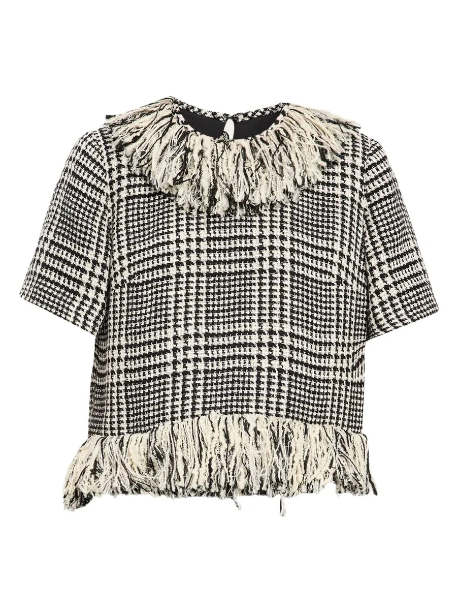 LIBEROWE Houndstooth Check Tweed Fringed Short-Sleeve Top