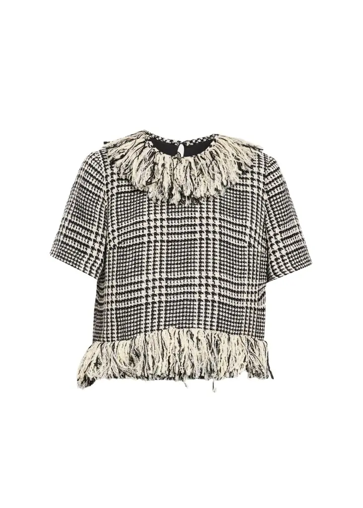 LIBEROWE Houndstooth Check Tweed Fringed Short-Sleeve Top