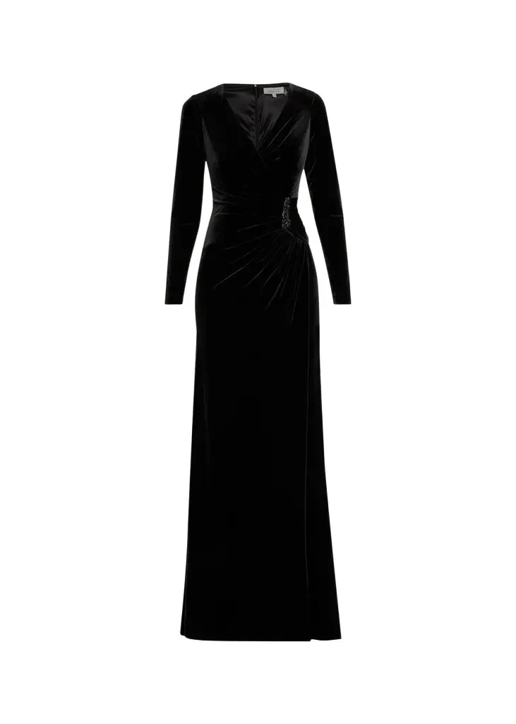 Velvet Beaded Accent A-Line Gown