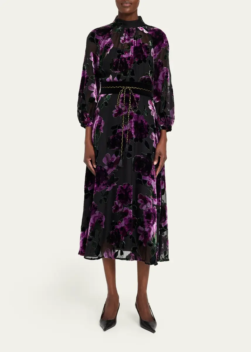 Rickie Freeman for Teri Jon Belted Devore Velvet Midi Dress | Thumbnail 2