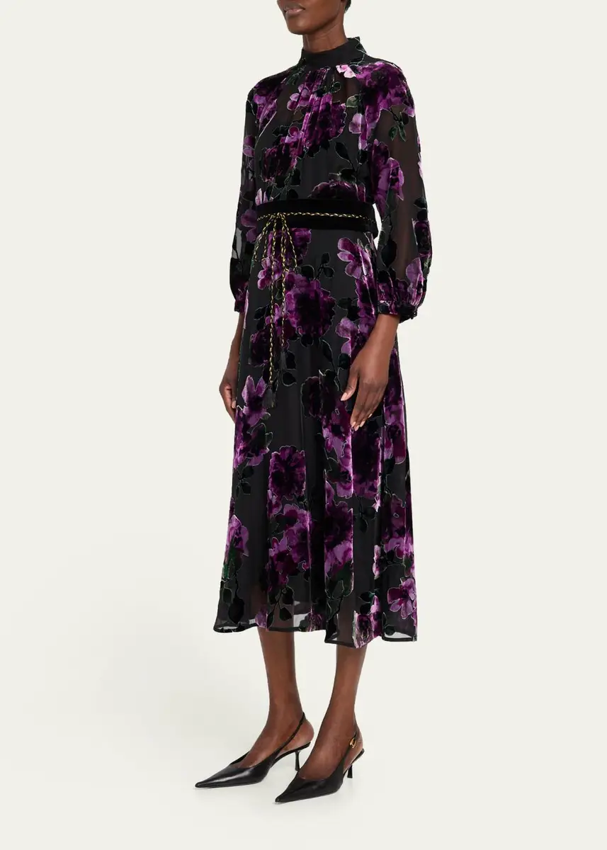 Rickie Freeman for Teri Jon Belted Devore Velvet Midi Dress | Thumbnail 4