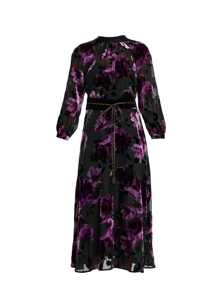 Rickie Freeman for Teri Jon Belted Devore Velvet Midi Dress