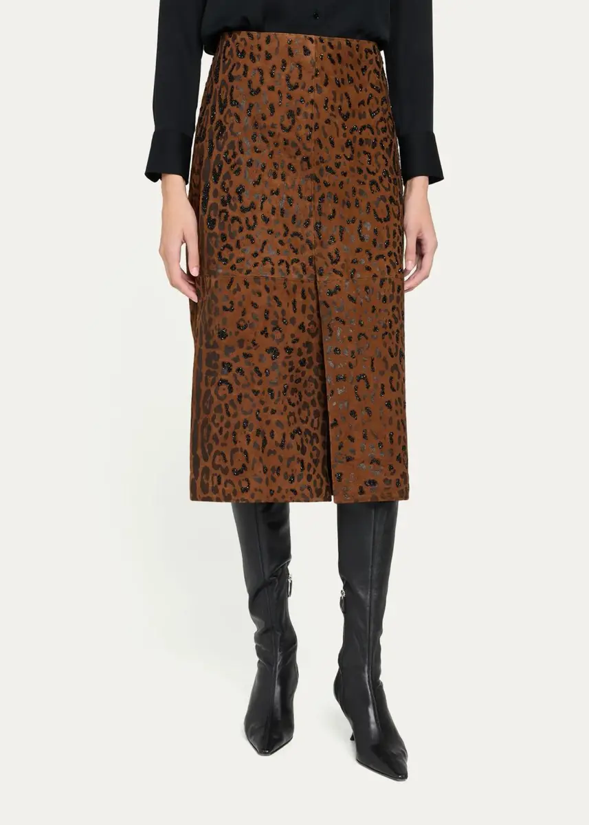 Kobi Halperin Melissa Beaded Leopard Suede Midi Skirt | Thumbnail 4