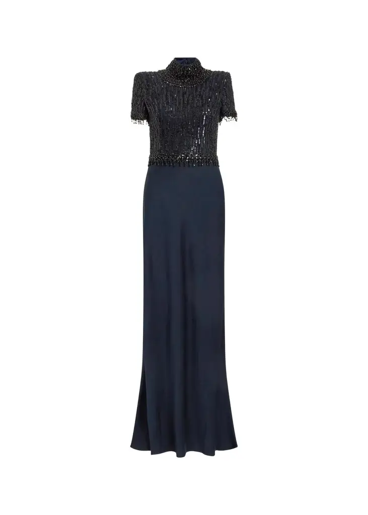 Jenny Packham Trinity Embellished Strong-Shoulder Satin Gown