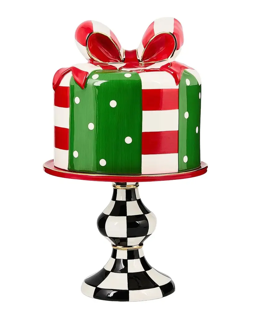 MacKenzie-Childs Check It Out Christmas Gift Lidded Cake Stand