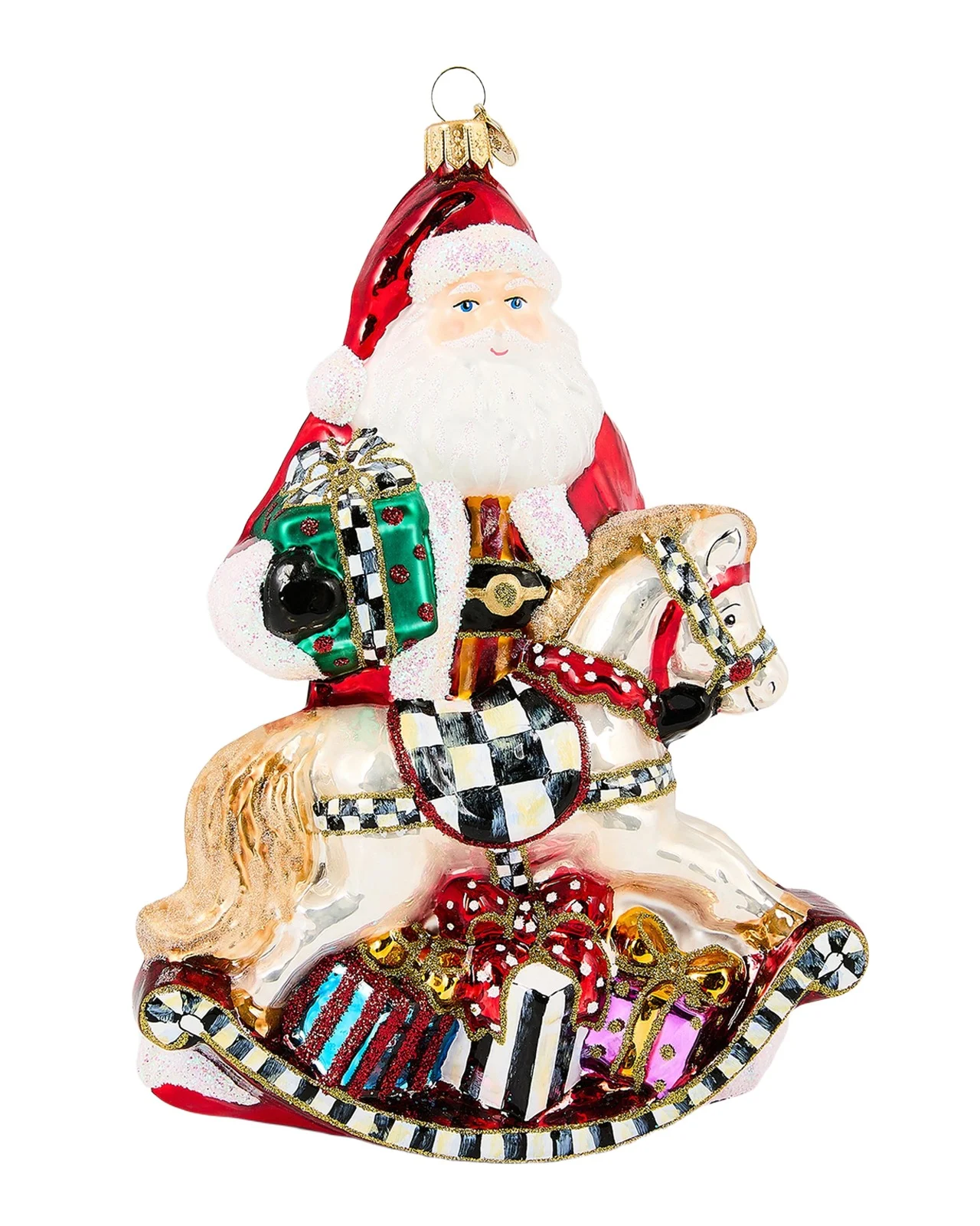 MacKenzie-Childs Santa with Rocking Horse Glass Ornament