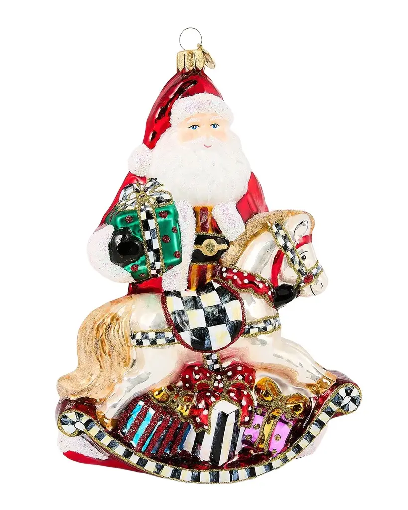 MacKenzie-Childs Santa with Rocking Horse Glass Ornament