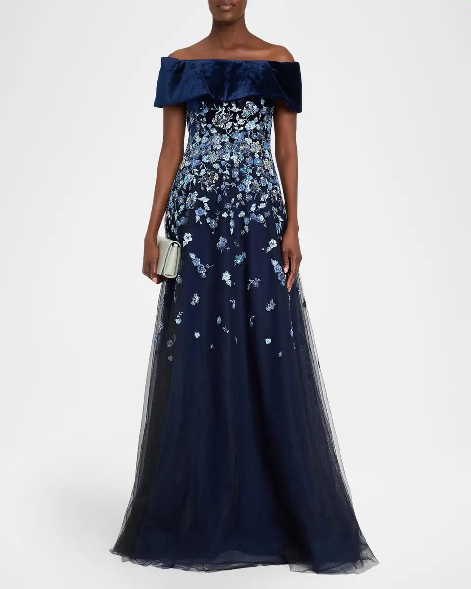 Rickie Freeman for Teri Jon Velvet & Floral-Embroidered Tulle Off-The-Shoulder Gown | Thumbnail 2 Rickie Freeman for Teri Jon Velvet & Floral-Embroidered Tulle Off-The-Shoulder Gown | Thumbnail 2