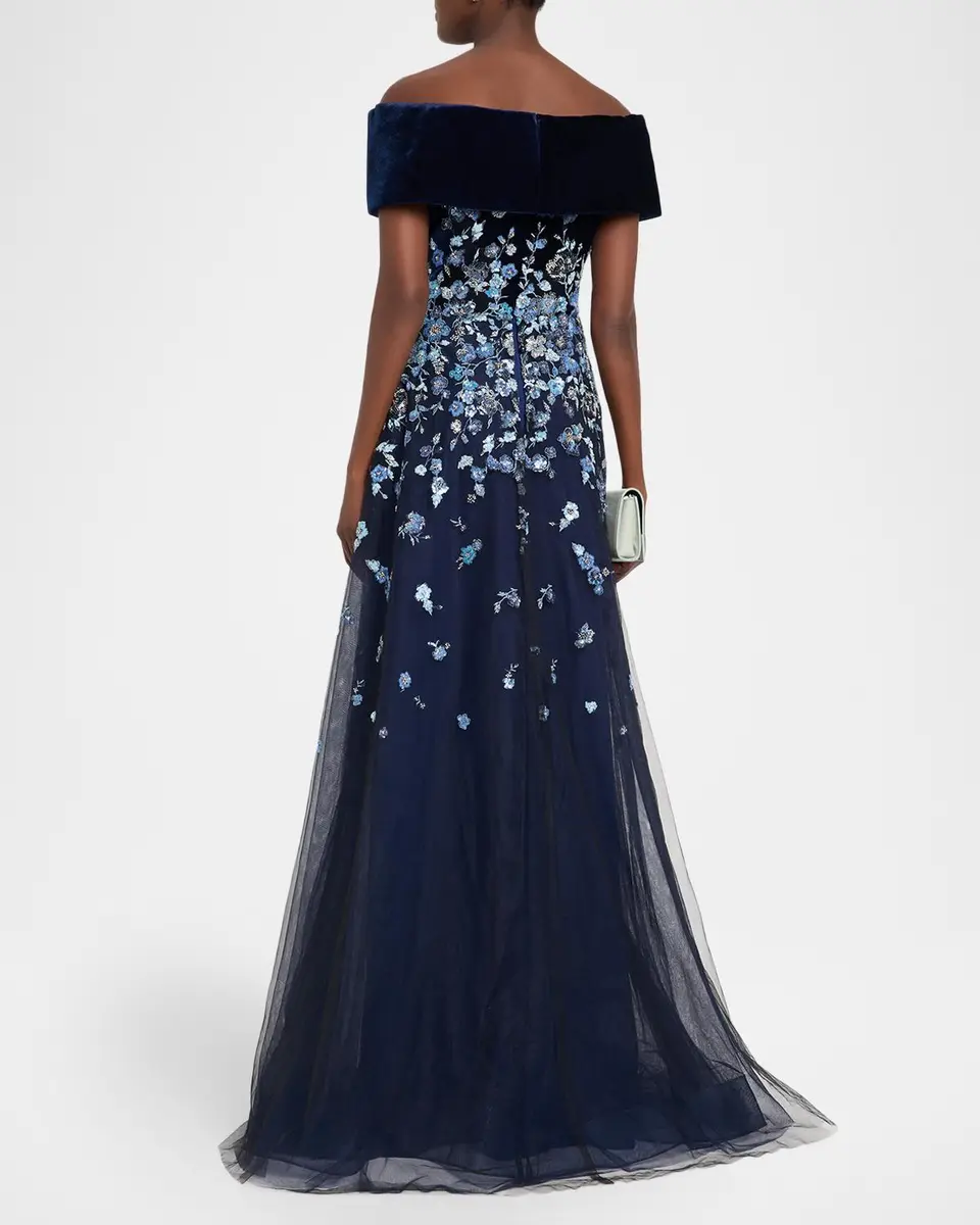 Rickie Freeman for Teri Jon Velvet & Floral-Embroidered Tulle Off-The-Shoulder Gown | Thumbnail 3 Rickie Freeman for Teri Jon Velvet & Floral-Embroidered Tulle Off-The-Shoulder Gown | Thumbnail 3