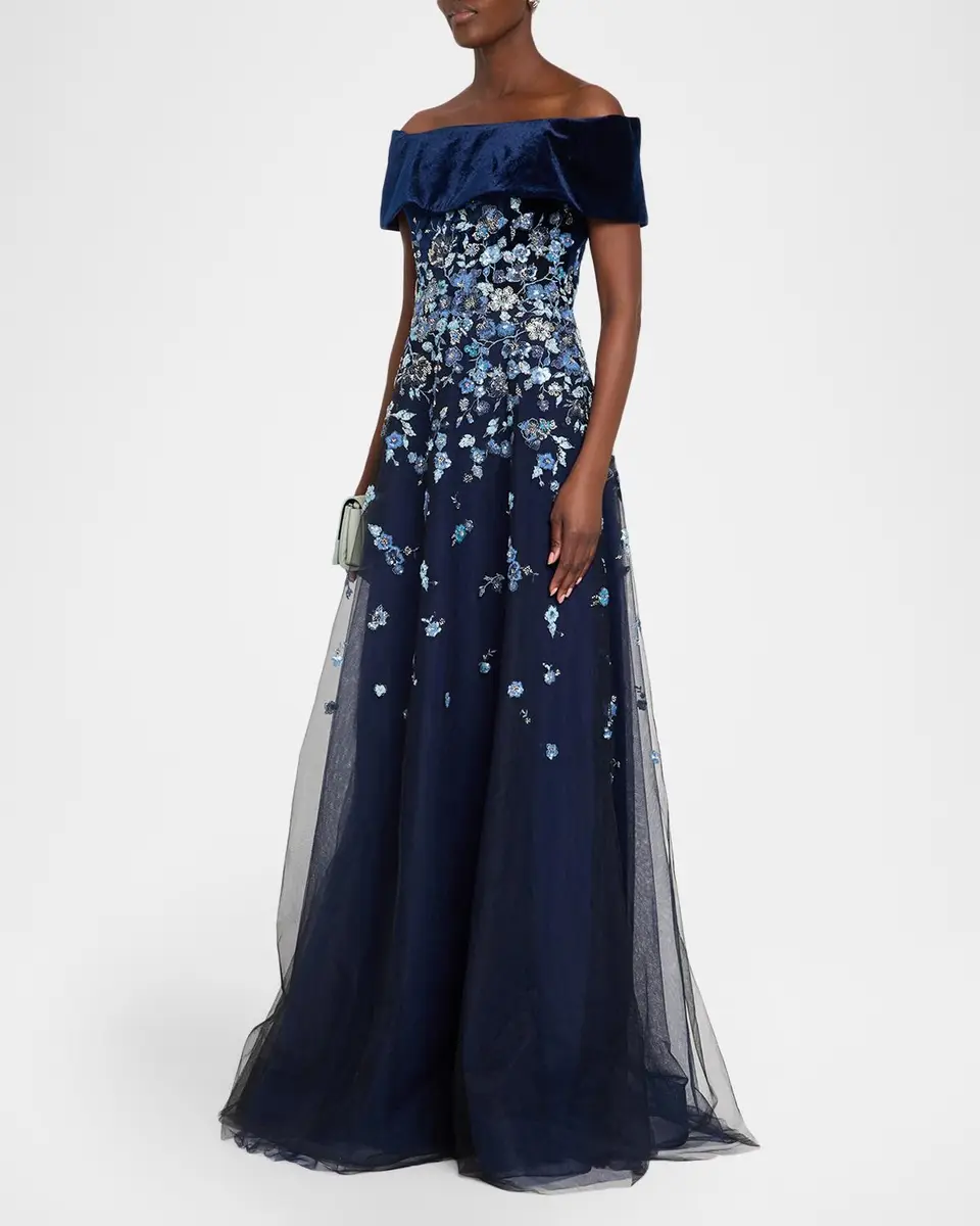 Rickie Freeman for Teri Jon Velvet & Floral-Embroidered Tulle Off-The-Shoulder Gown | Thumbnail 4 Rickie Freeman for Teri Jon Velvet & Floral-Embroidered Tulle Off-The-Shoulder Gown | Thumbnail 4