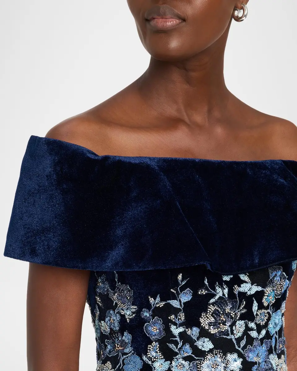 Rickie Freeman for Teri Jon Velvet & Floral-Embroidered Tulle Off-The-Shoulder Gown | Thumbnail 5 Rickie Freeman for Teri Jon Velvet & Floral-Embroidered Tulle Off-The-Shoulder Gown | Thumbnail 5