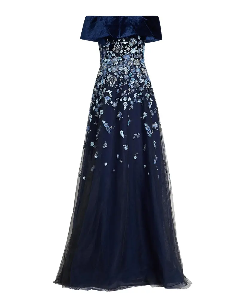Velvet & Floral-Embroidered Tulle Off-The-Shoulder Gown