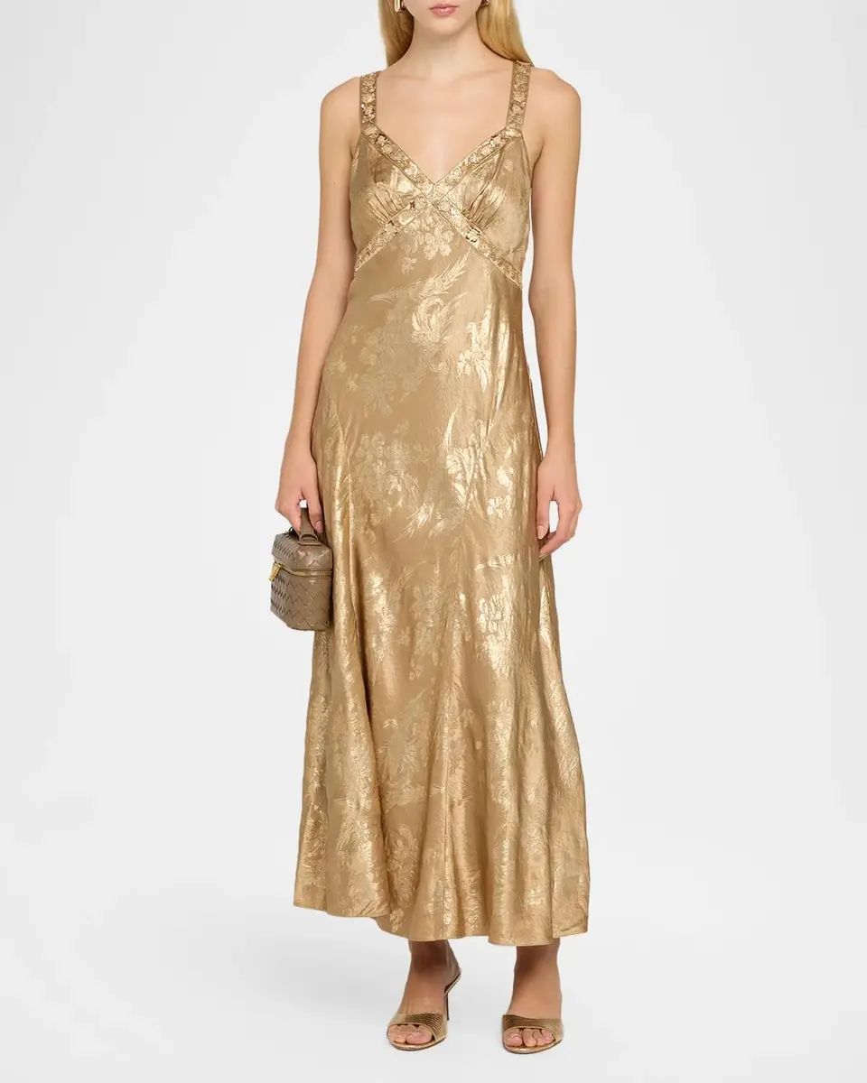 Cinq à Sept Thalie Gilded Peony Jacquard Embellished Sleeveless Midi Dress | Thumbnail 2