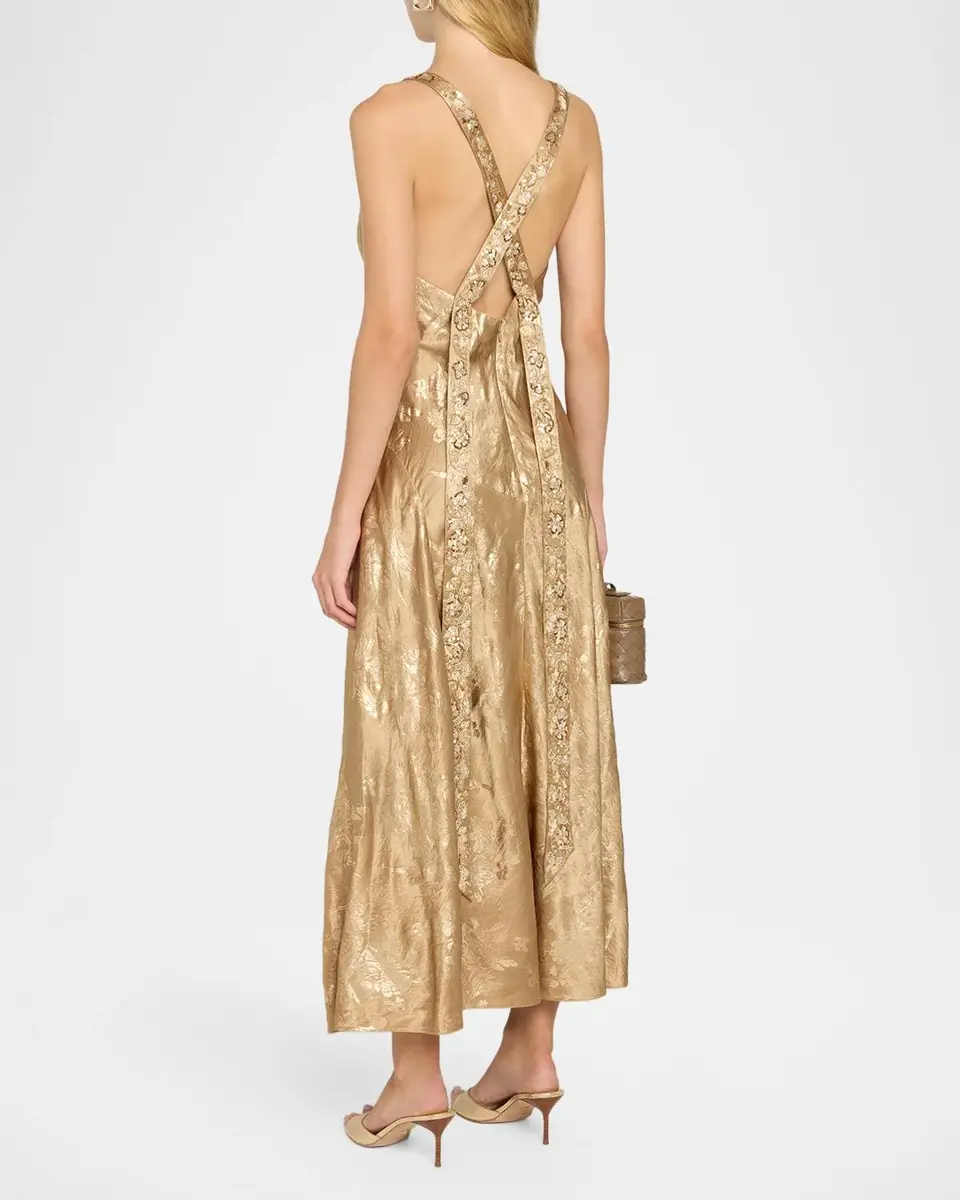 Cinq à Sept Thalie Gilded Peony Jacquard Embellished Sleeveless Midi Dress | Thumbnail 3