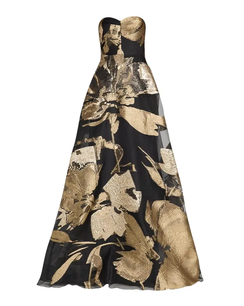 Strapless Metallic Floral Jacquard Organza Gown