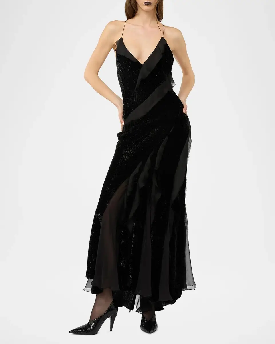 Roberto Cavalli Sleeveless Metallic Velvet Ruffled Backless Maxi Dress | Thumbnail 2 Roberto Cavalli Sleeveless Metallic Velvet Ruffled Backless Maxi Dress | Thumbnail 2
