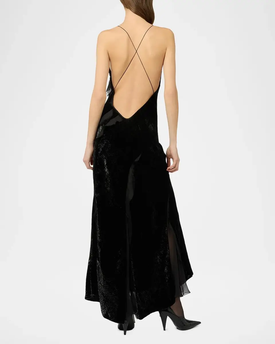 Roberto Cavalli Sleeveless Metallic Velvet Ruffled Backless Maxi Dress | Thumbnail 3 Roberto Cavalli Sleeveless Metallic Velvet Ruffled Backless Maxi Dress | Thumbnail 3