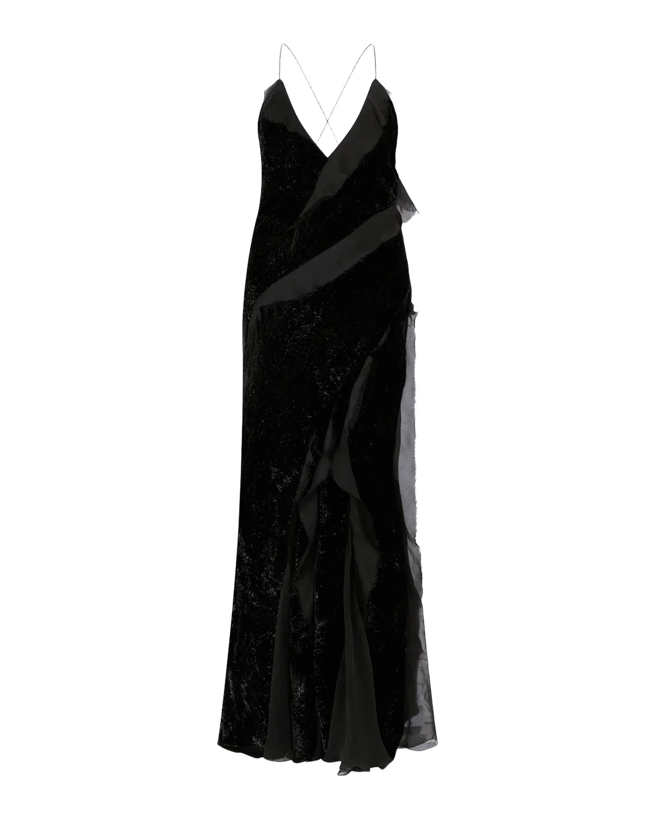 Roberto Cavalli Sleeveless Metallic Velvet Ruffled Backless Maxi Dress