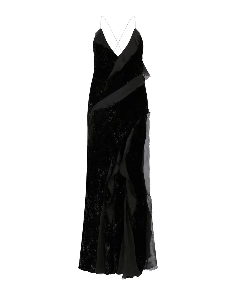 Sleeveless Metallic Velvet Ruffled Backless Maxi Dress Sleeveless Metallic Velvet Ruffled Backless Maxi Dress