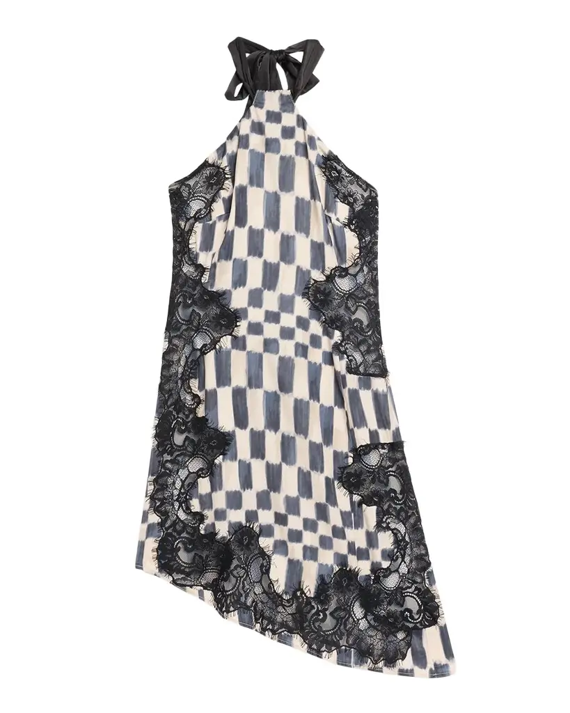 JBQ Anora Check Lace Asymmetric Mini Dress