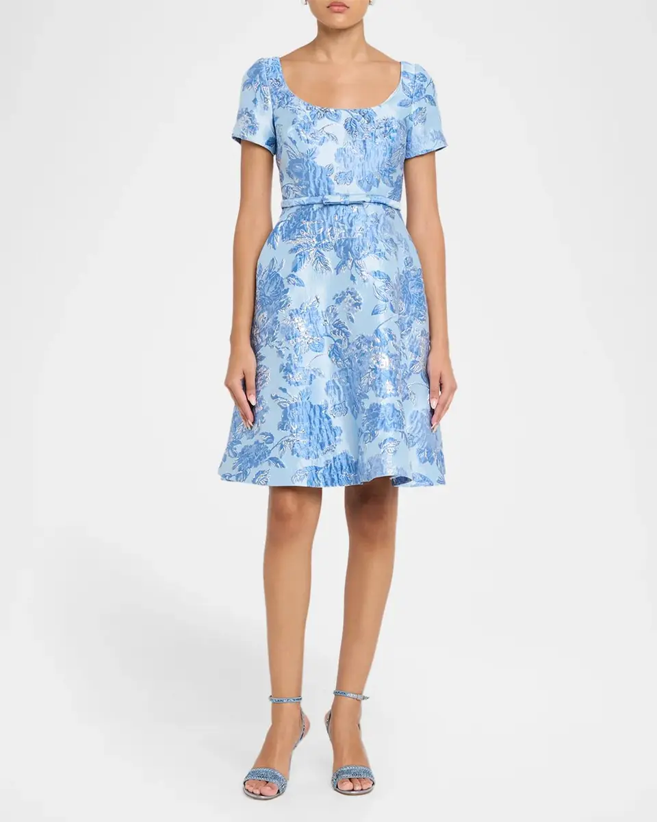 PAMELLA ROLAND Metallic Floral Jacquard Short-Sleeve A-Line Dress | Thumbnail 2 PAMELLA ROLAND Metallic Floral Jacquard Short-Sleeve A-Line Dress | Thumbnail 2