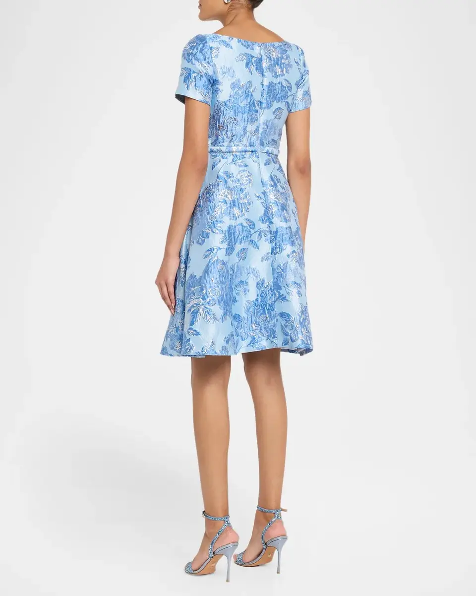 PAMELLA ROLAND Metallic Floral Jacquard Short-Sleeve A-Line Dress | Thumbnail 3 PAMELLA ROLAND Metallic Floral Jacquard Short-Sleeve A-Line Dress | Thumbnail 3