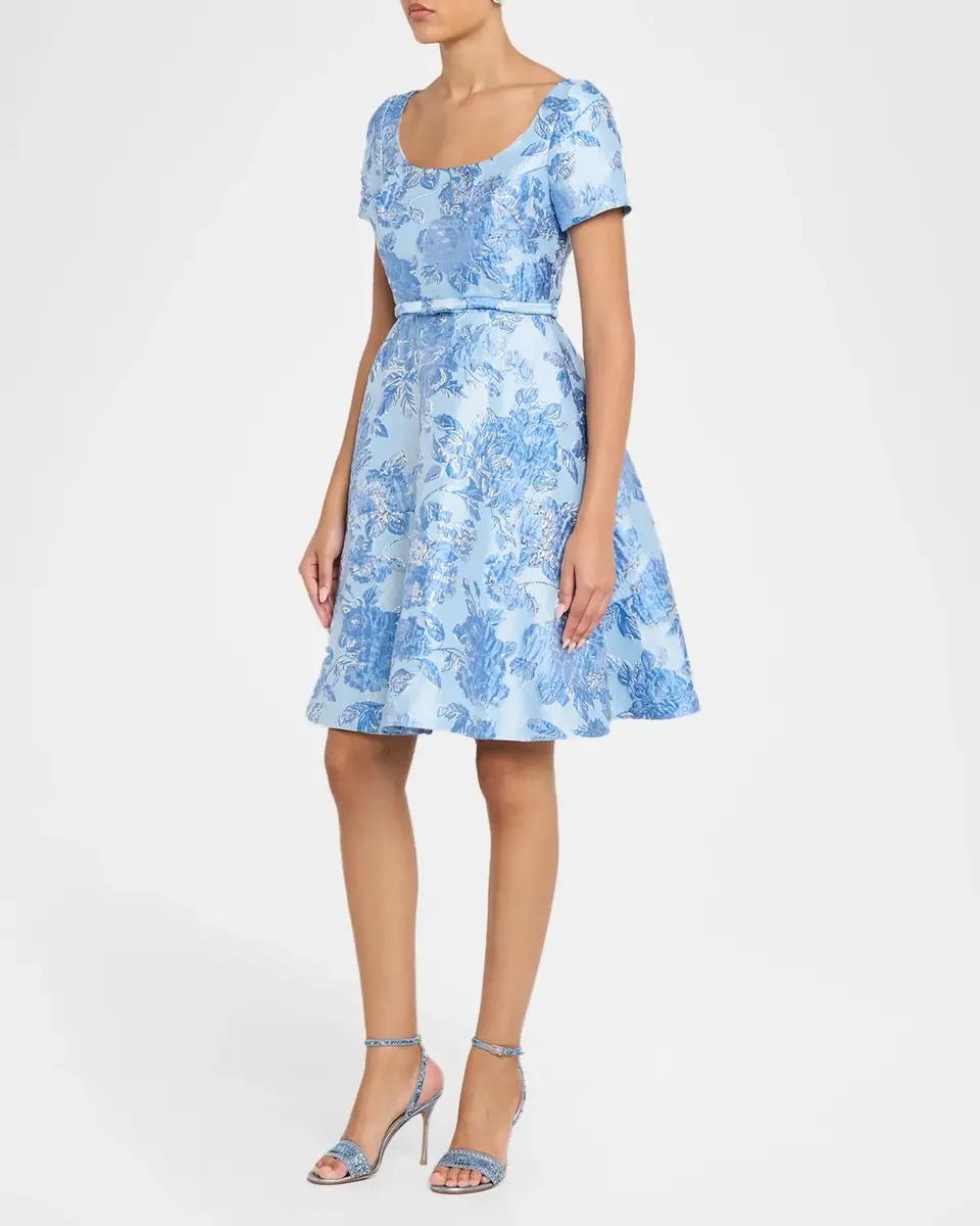 PAMELLA ROLAND Metallic Floral Jacquard Short-Sleeve A-Line Dress | Thumbnail 4 PAMELLA ROLAND Metallic Floral Jacquard Short-Sleeve A-Line Dress | Thumbnail 4