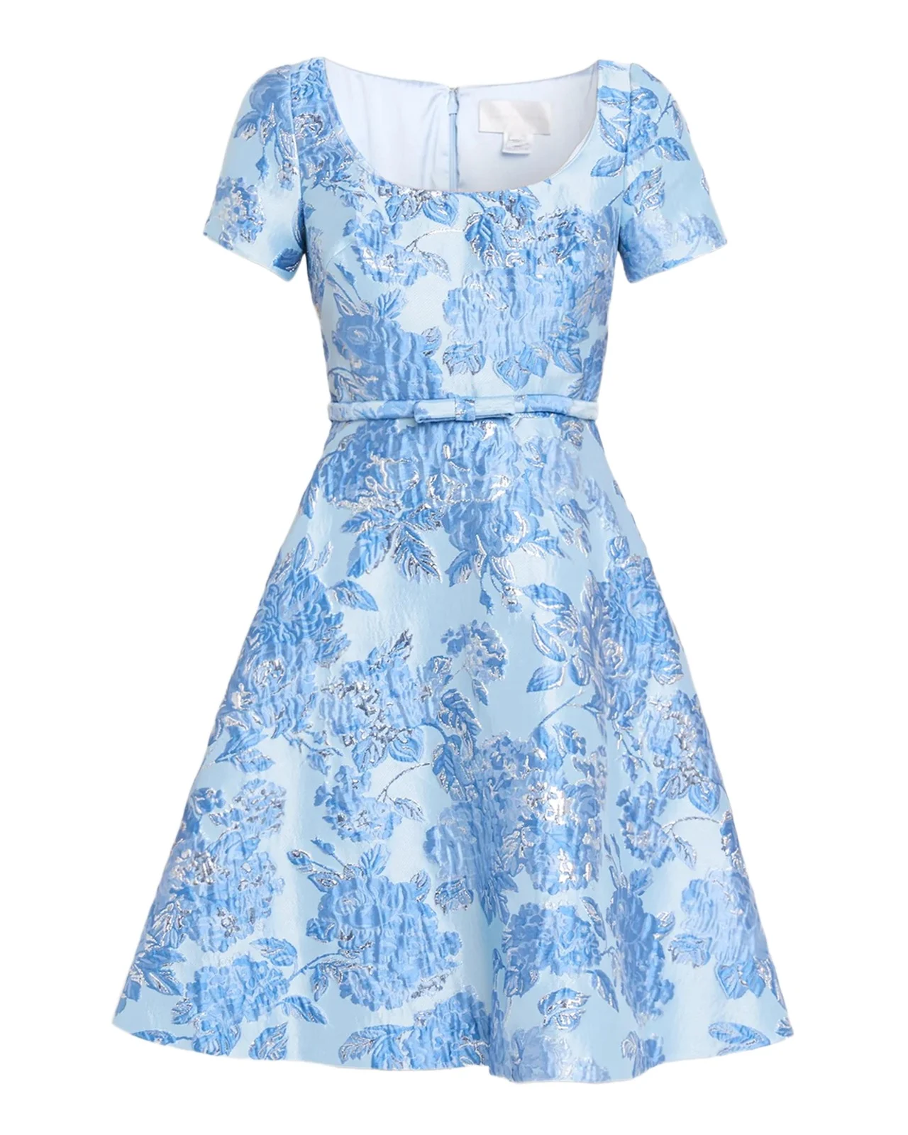 Metallic Floral Jacquard Short-Sleeve A-Line Dress Metallic Floral Jacquard Short-Sleeve A-Line Dress