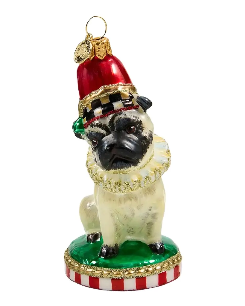 MacKenzie-Childs Holiday Pug Dog Glass Ornament